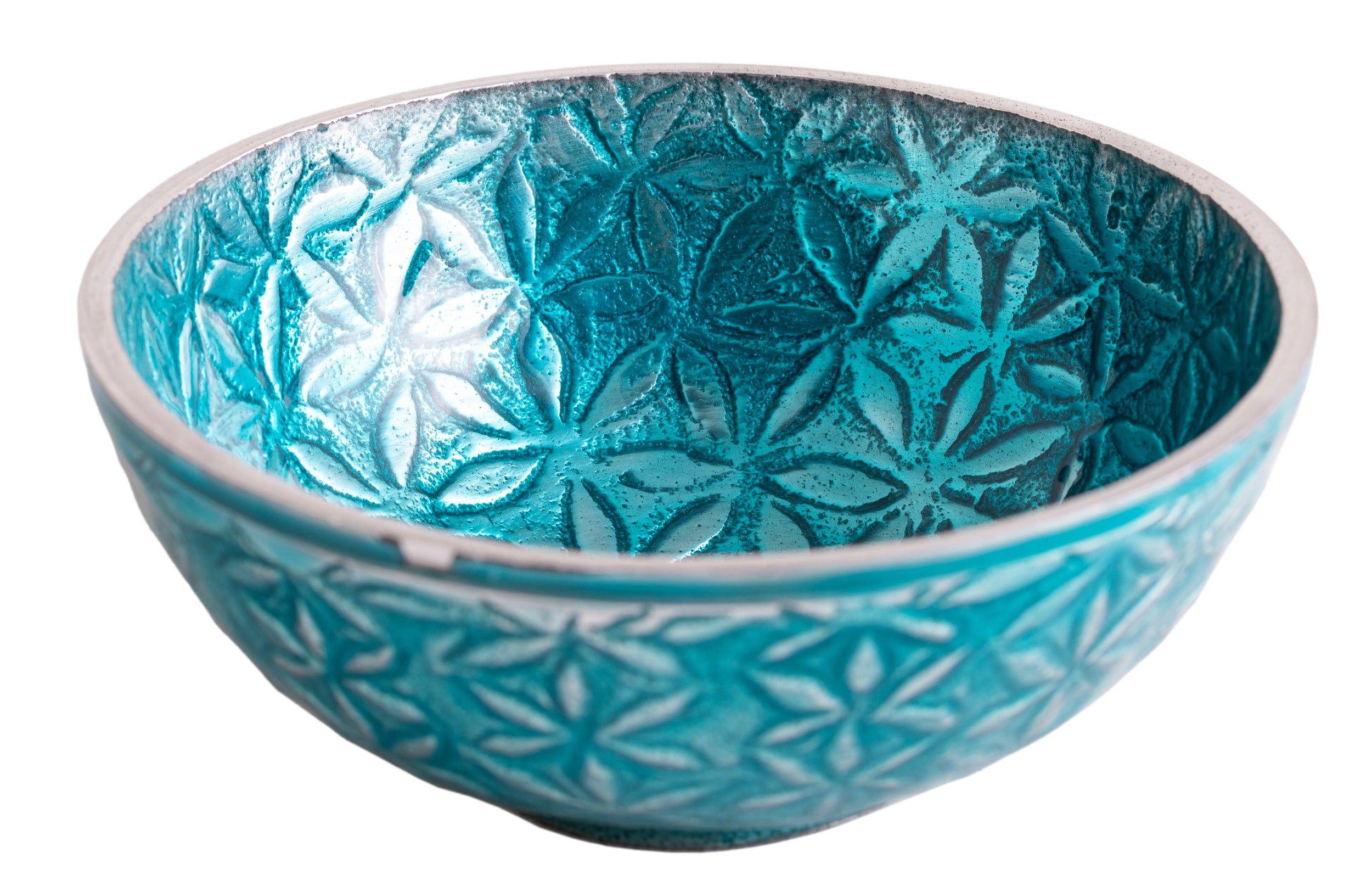 Räucherschale Blume des Lebens – Türkis – Aluminium – Ø 12 cm