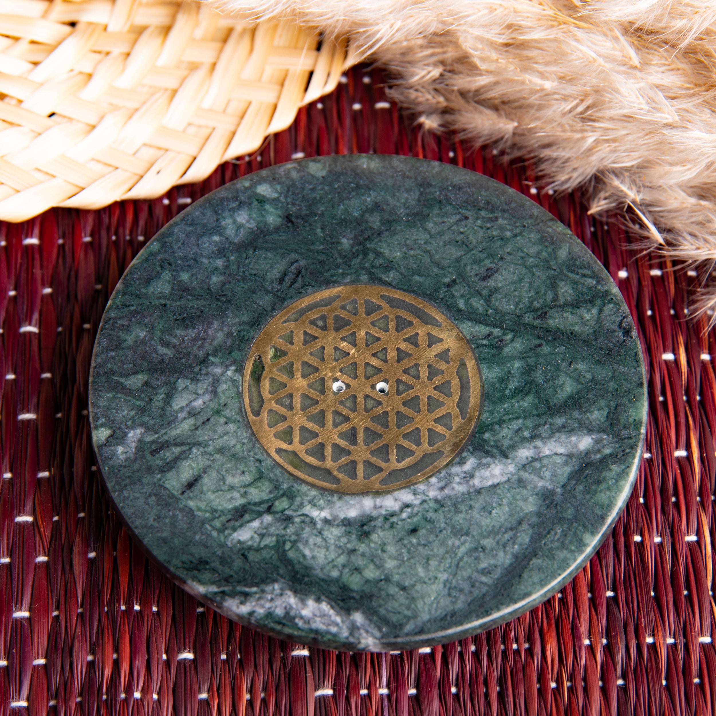 Räucherstäbchenhalter Blume des Lebens – grüner Marmor - Ø 10 cm