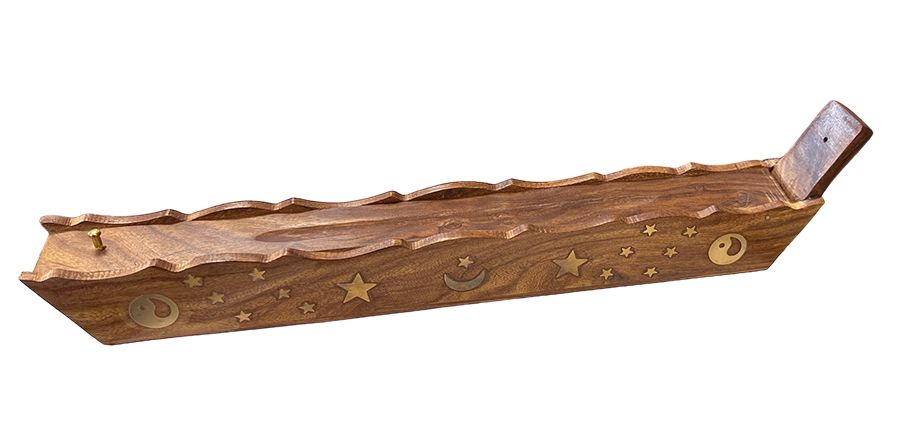 Räucherstäbchenhalter, Sheesham-Holz, Box, Mond, Sterne, Ying und Yang, 30 cm