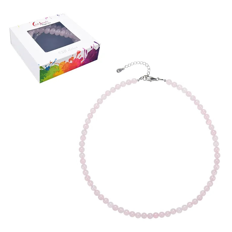 Rosenquarz Kugelkette 6 mm – 45–49 cm, 925 Silber (rhodiniert)