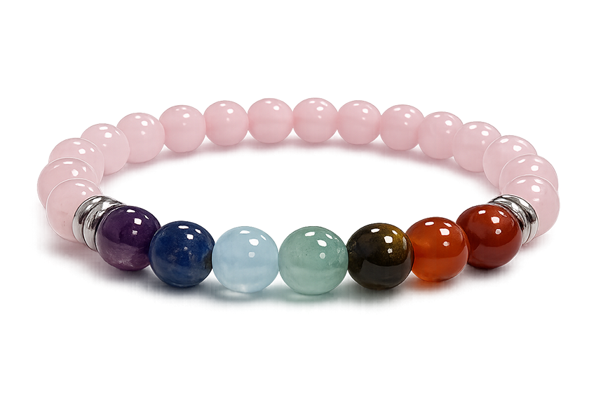 Rosenquarz & 7 Chakren Armband – Edelstahl-Details (8 mm, A-Qualität)