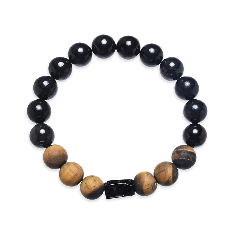 Schungit × Tigerauge × Schörl (schwarzer Turmalin) – Herren-Armband mit 10-mm Kugeln (elastisch, ca. 19 cm)