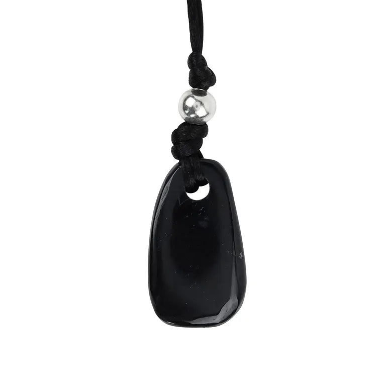 Schutzschild – Schwarzer Turmalin (Schörl) Anhänger flach 4 cm mit Stoffband