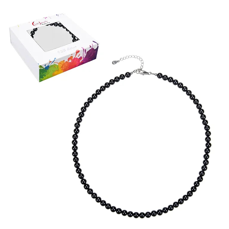 Schwarzer Turmalin (Schörl) Kugelkette 6 mm – 43–46 cm, 925 Silber (rhodiniert)