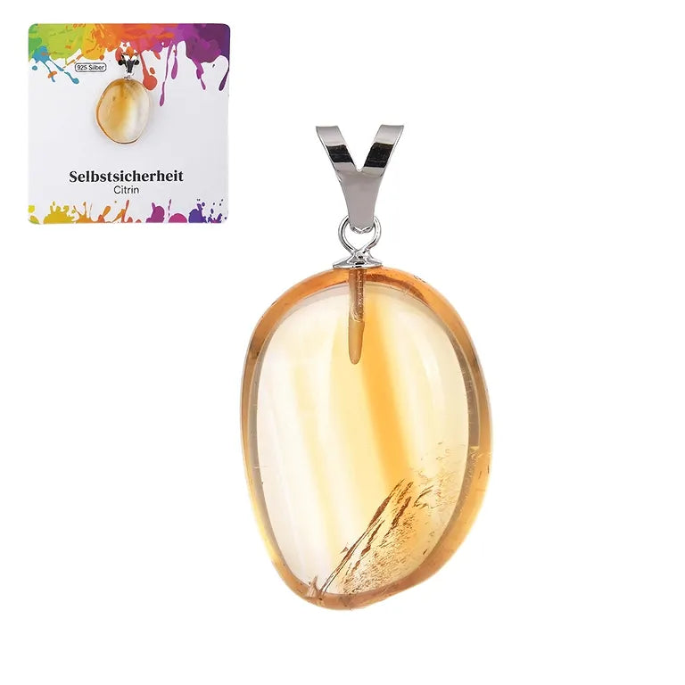 Selbstsicherheit – Citrin (gebr.) Trommelstein 2,5–3 cm mit 925er Silber-V-Öse - groß