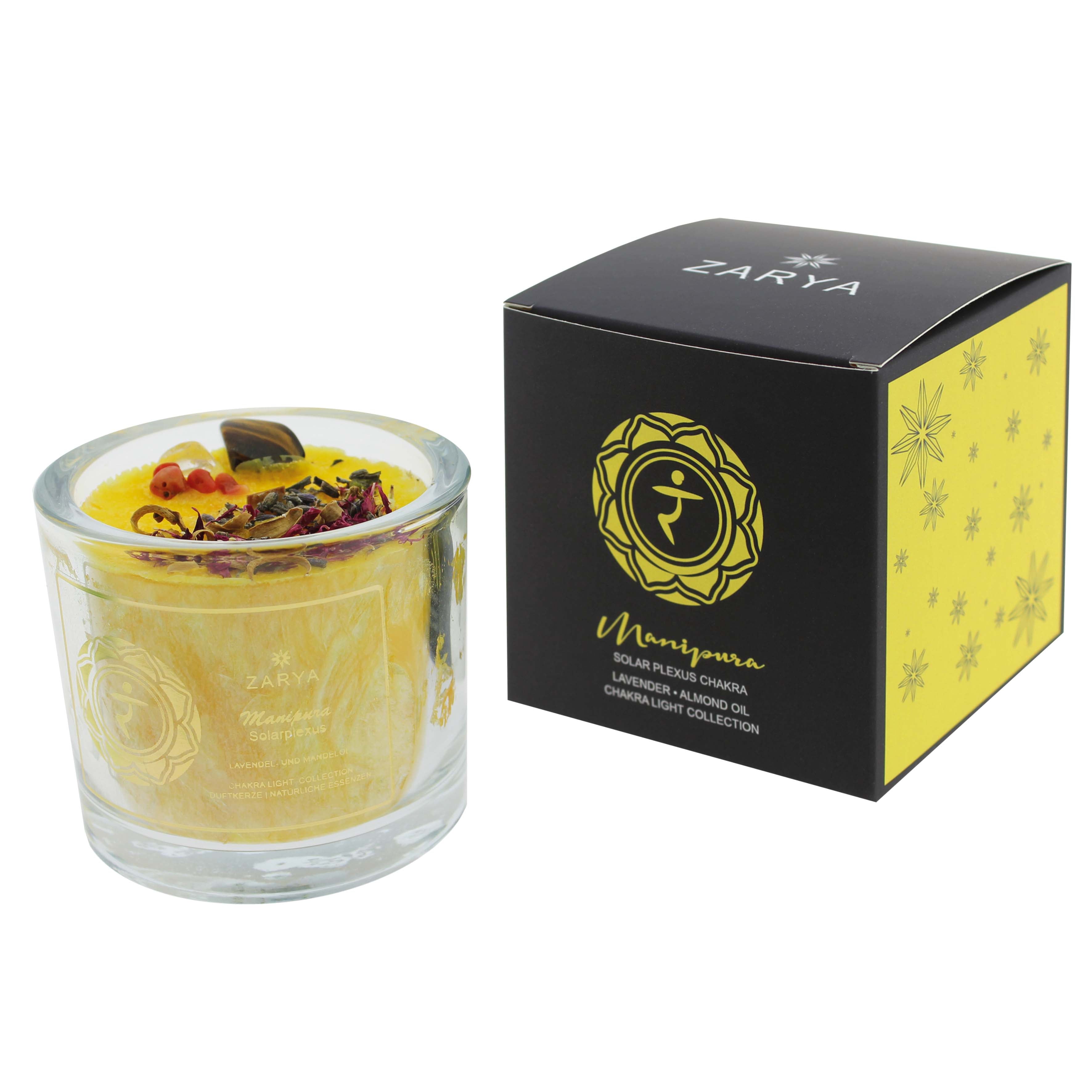 Zarya Chakra Light - 3. Chakra: Manipura (Solarplexus Chakra) Kerze - Lavendel & Edelstein