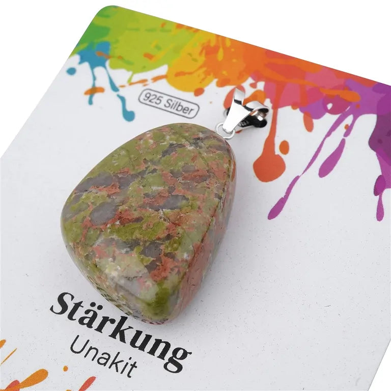 Stärkung – Unakit Trommelstein 2,5 - 3 cm mit 925er Silber-V-Öse - groß