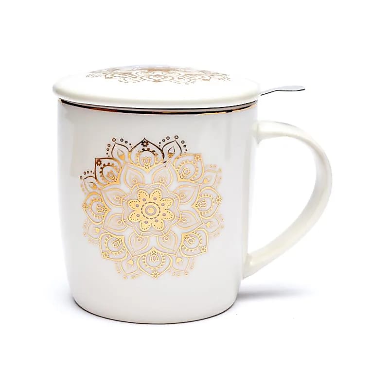 Teetasse mit Sieb & Deckel – Weißes Mandala - 400 ml