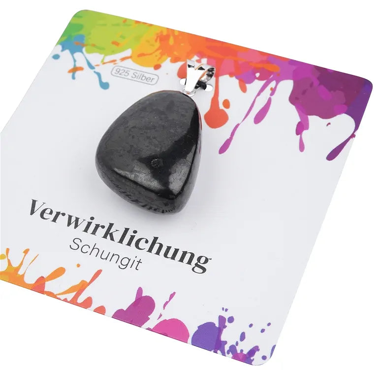 Verwirklichung – Schungit (stab.) Trommelstein 2,5 - 3 cm mit 925er Silber-V-Öse - groß