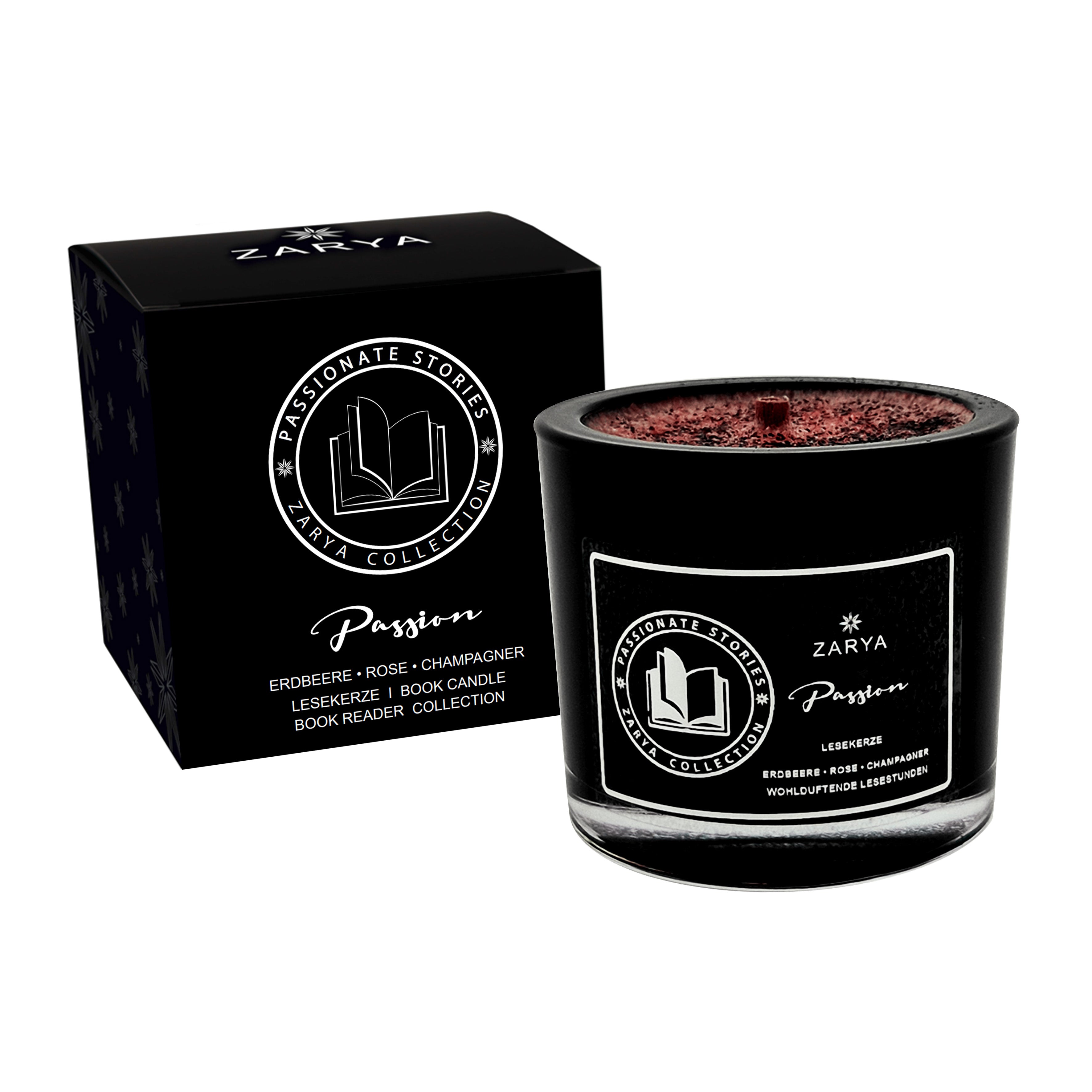 Zarya Book Reader Duftkerze "Passion" – Handgefertigte Lesekerze mit Erdbeere, Rose & Champagner