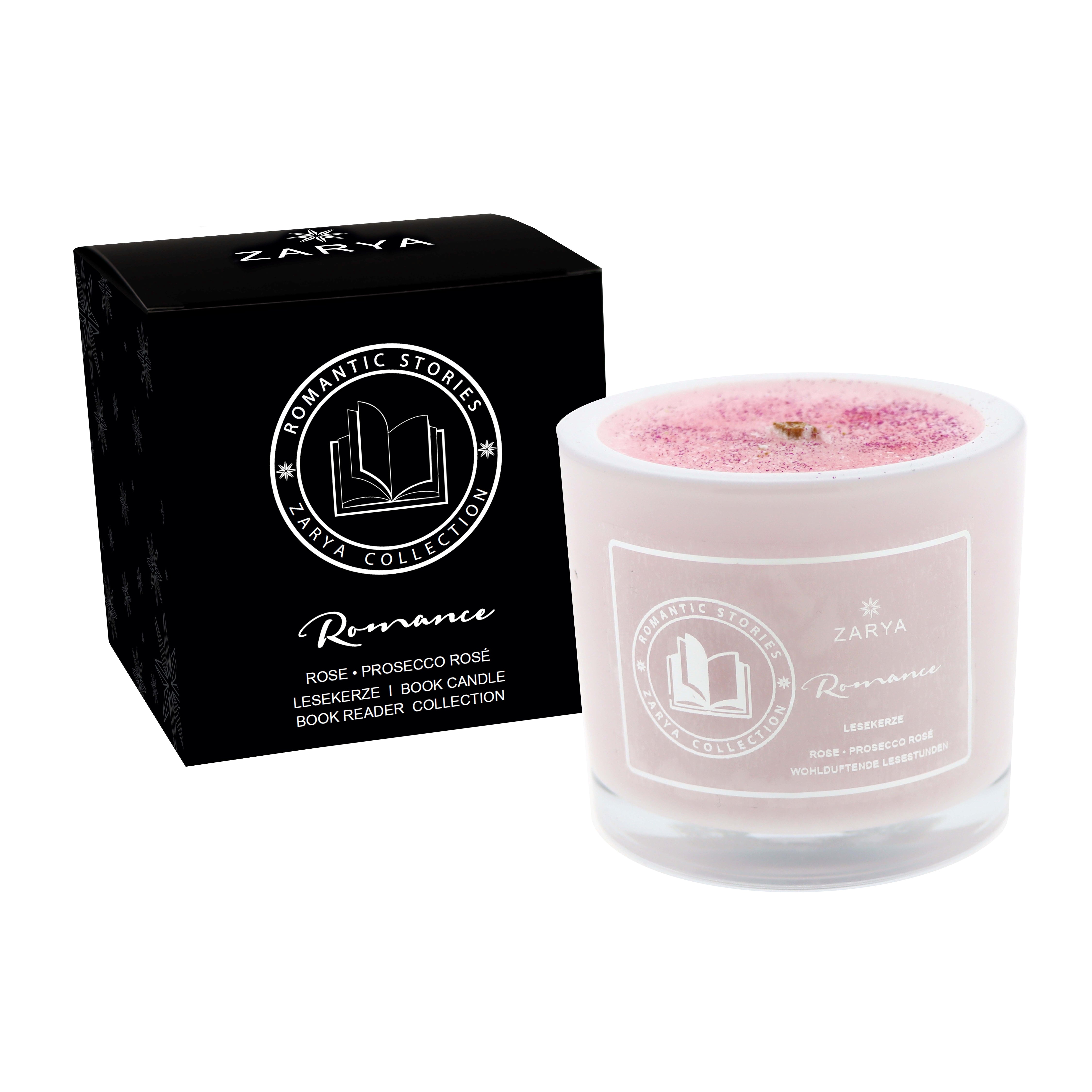 Zarya Book Reader Duftkerze "Romance" – Handgefertigte Lesekerze mit Rose & Prosecco Rosé