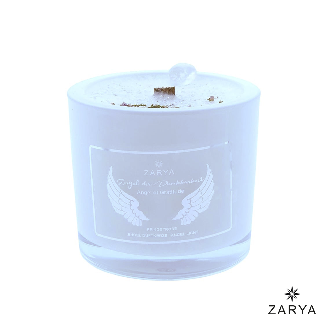 Zarya Kleine Engelkerze - Angel Light – "Engel der Dankbarkeit" mit Pfingstrose & Bergkristall