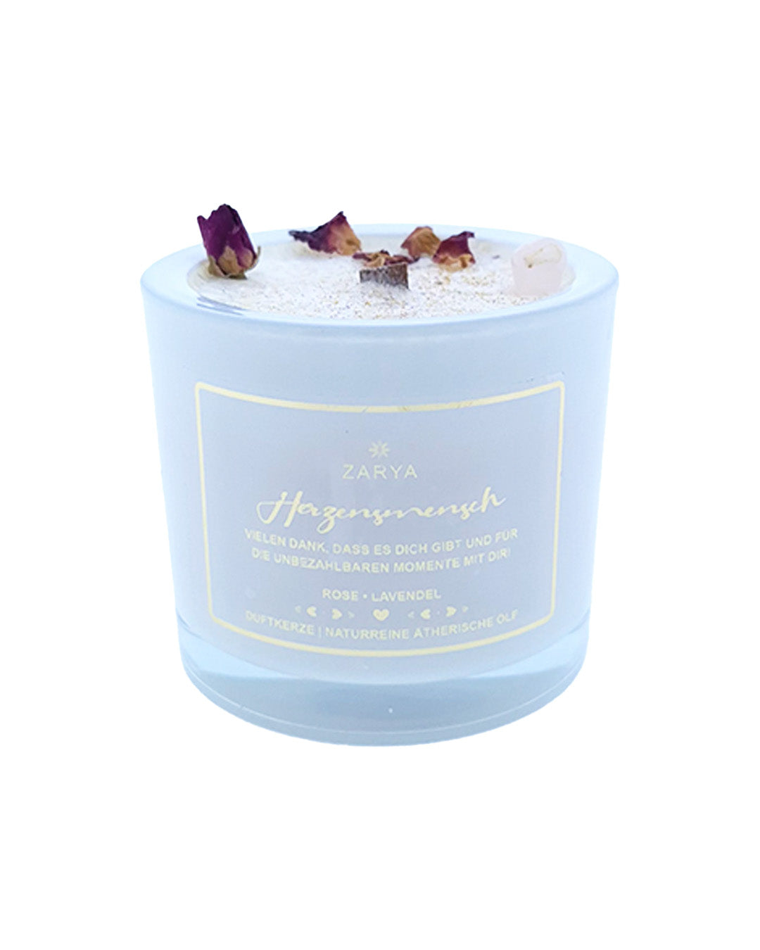 Zarya Duftkerze "Herzensmensch" – Handgefertigte Manufaktur-Kerze mit Rosenquarz, Rose & Lavendelduft