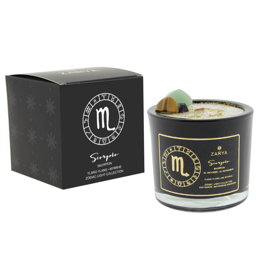 Zarya Sternzeichenduftkerze - Zodiac Light – Skorpion (Scorpio) mit Ylang-Ylang, Myrrhe & Edelsteinen