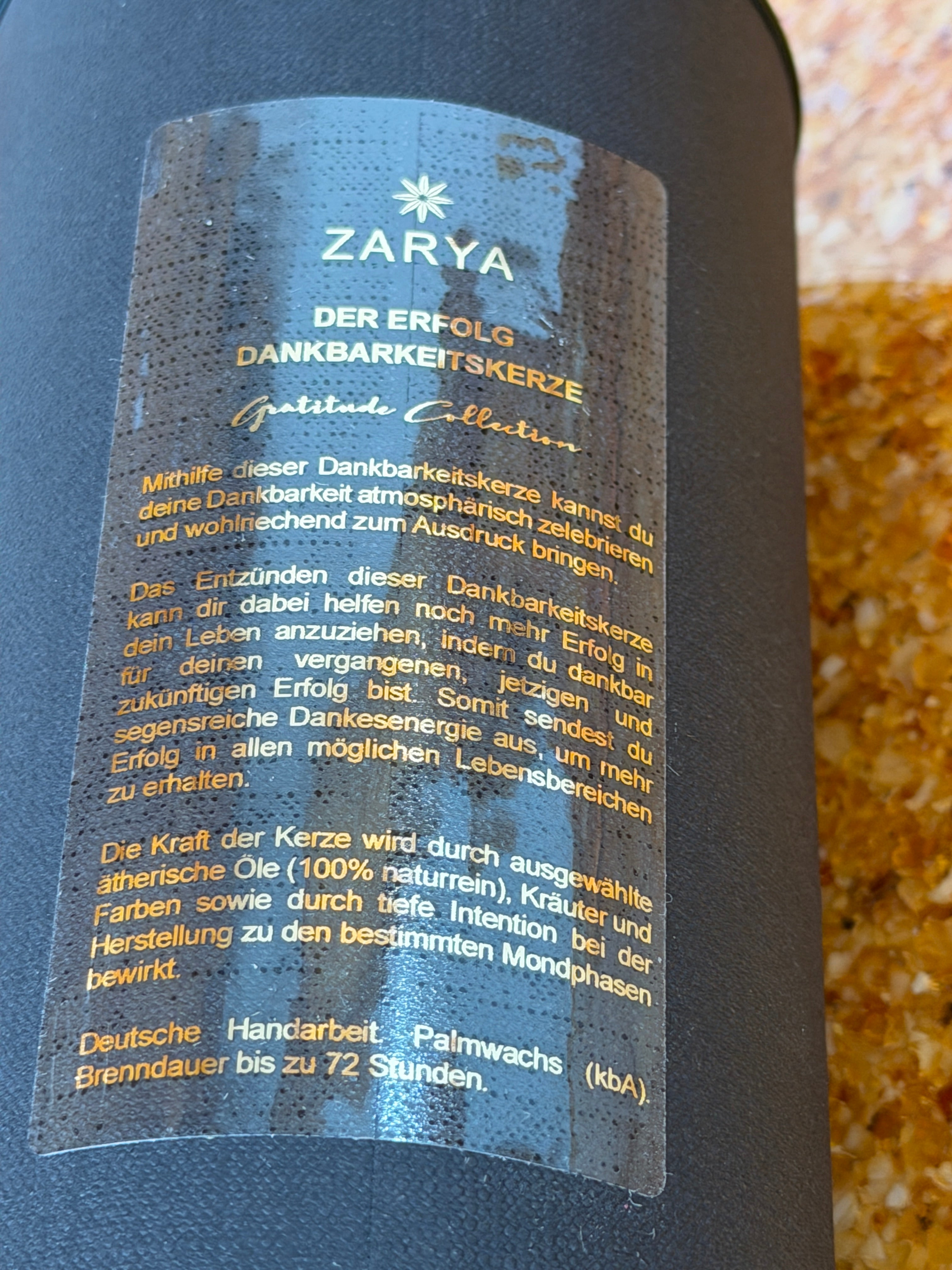 Zarya Dankbarkeitskerze "Erfolg" –  mit süßer Orange & Abramelin-Öl