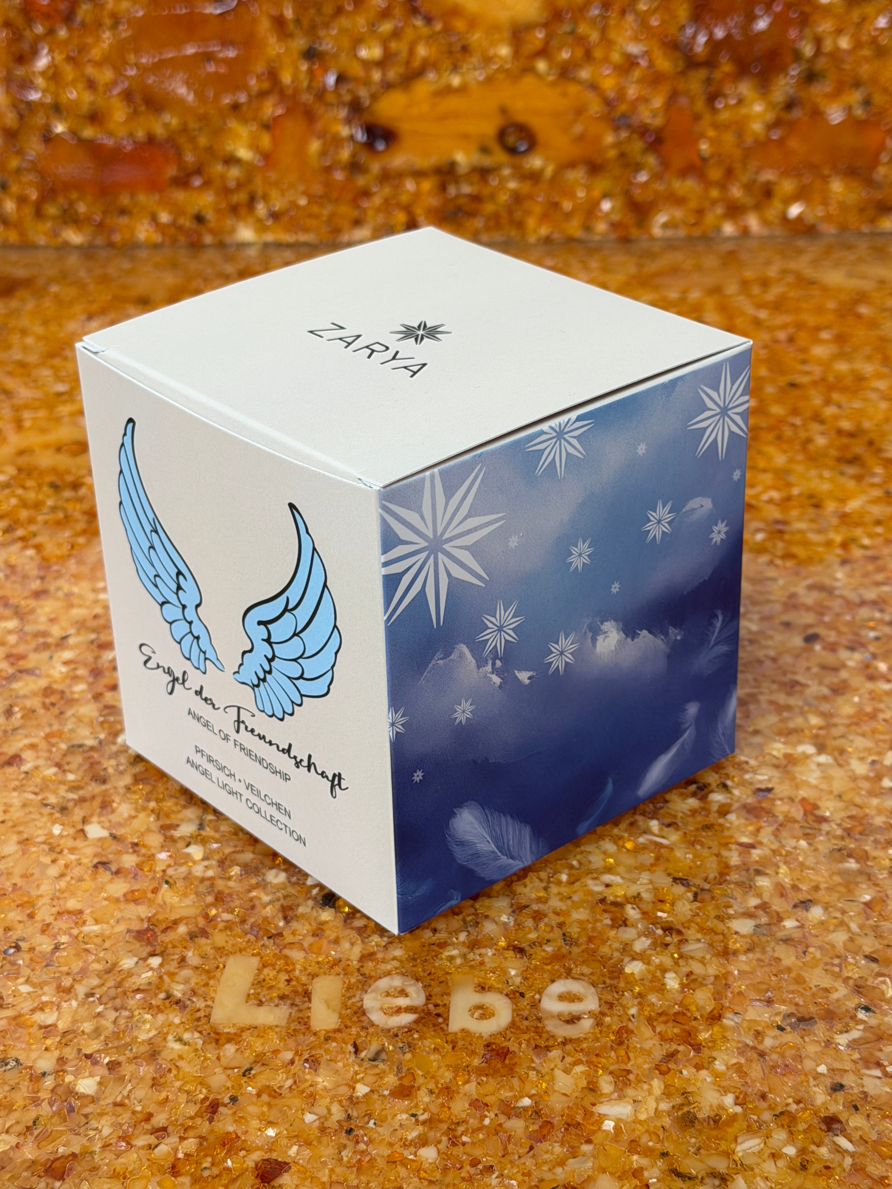 Zarya Kleine Engelkerze - Angel Light – "Engel der Freundschaft" mit Pfirsich, Veilchen & Lapis Lazuli