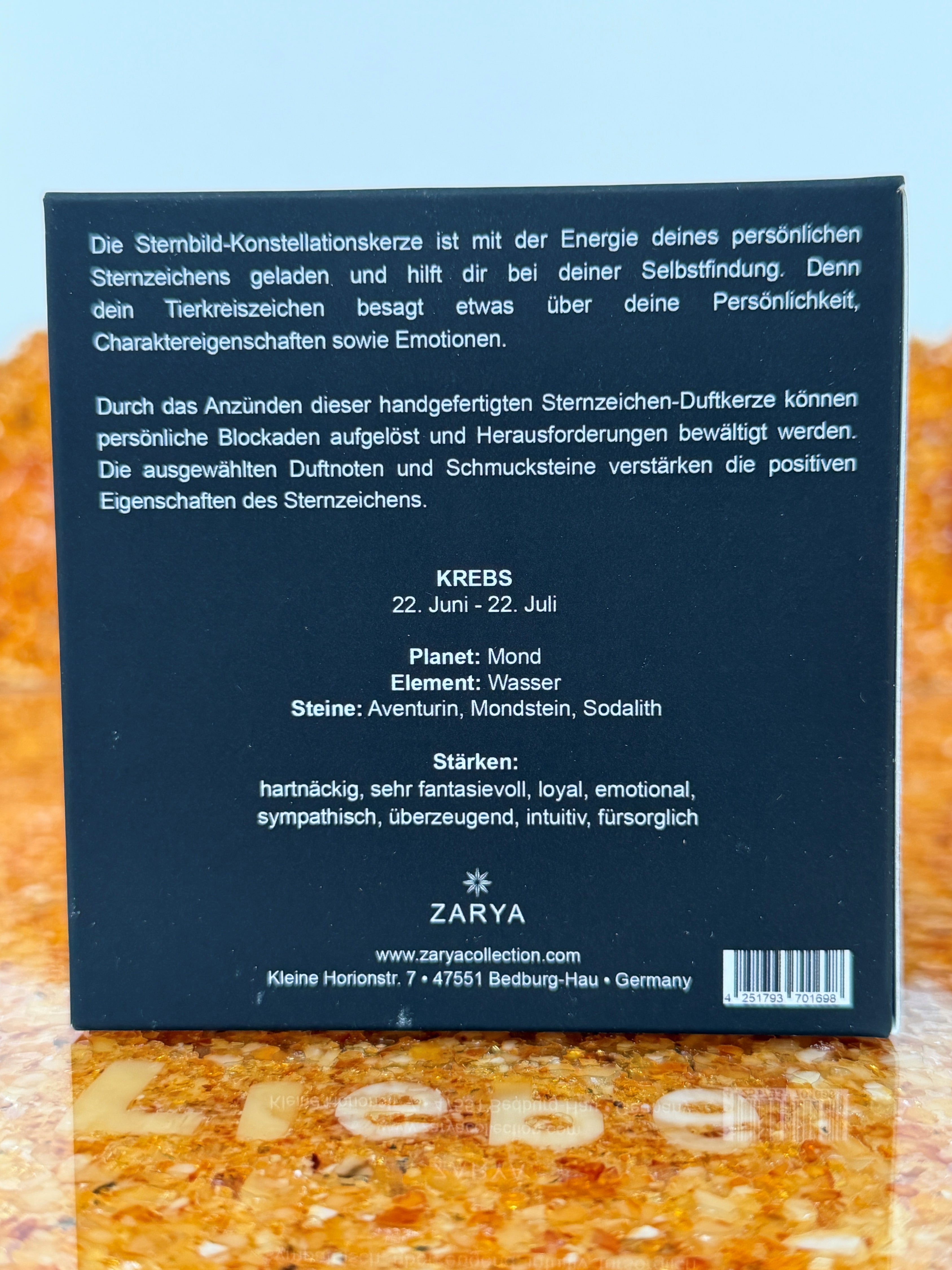 Zarya Sternzeichenduftkerze - Zodiac Light – Krebs (Cancer) mit Rose, Vanille & Edelsteinen