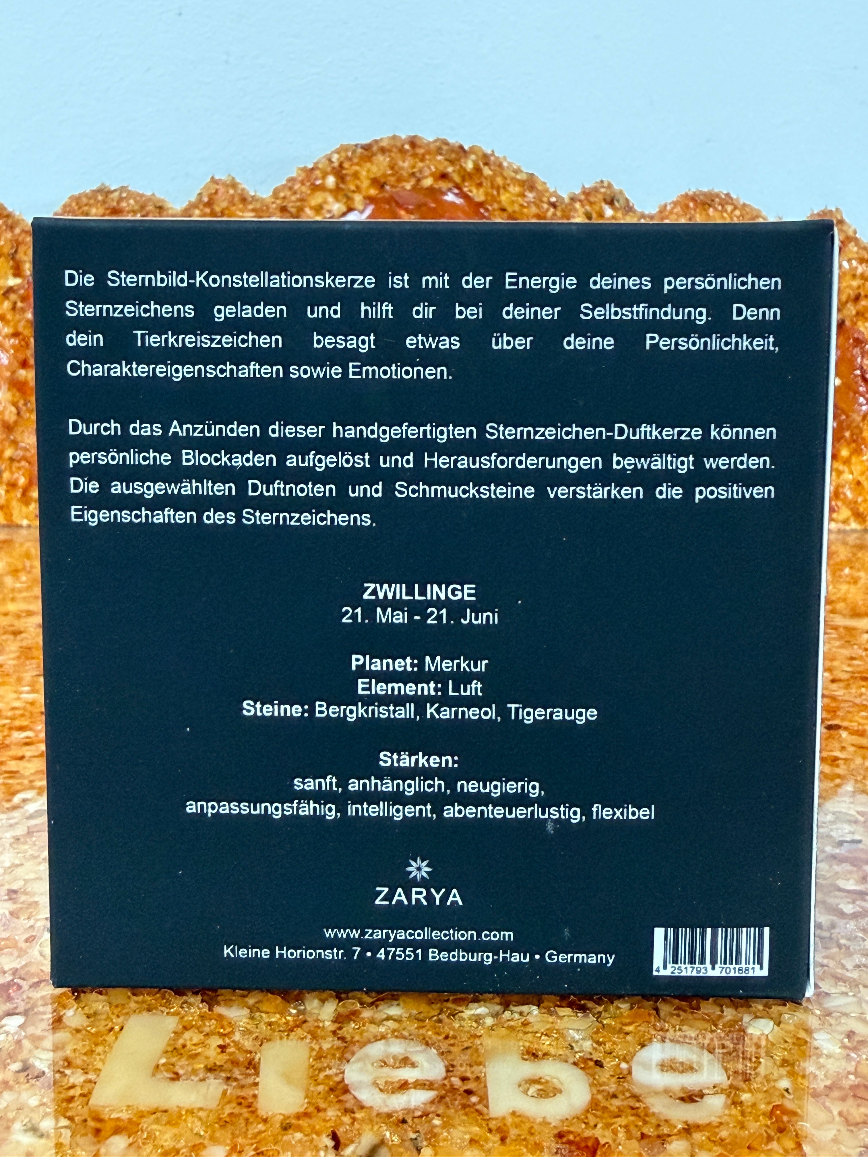 Zarya Sternzeichenduftkerze - Zodiac Light – Zwillinge (Gemini) mit Lavendel, Zitronengras & Edelsteinen