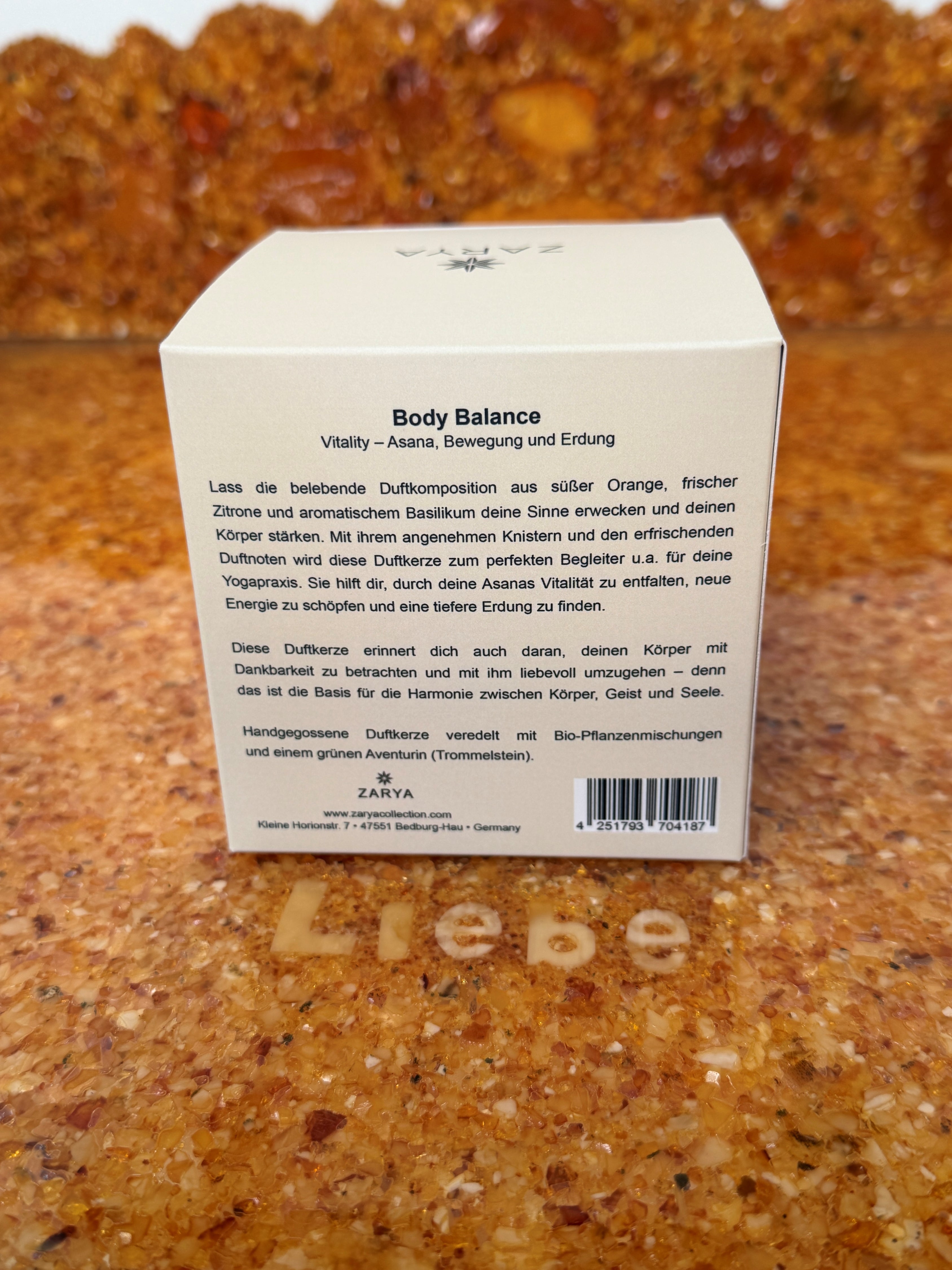 Zarya Yoga-Kerze "Body Balance" – Annamaya Kosha mit Aventurin, Orange, Zitrone & Basilikum