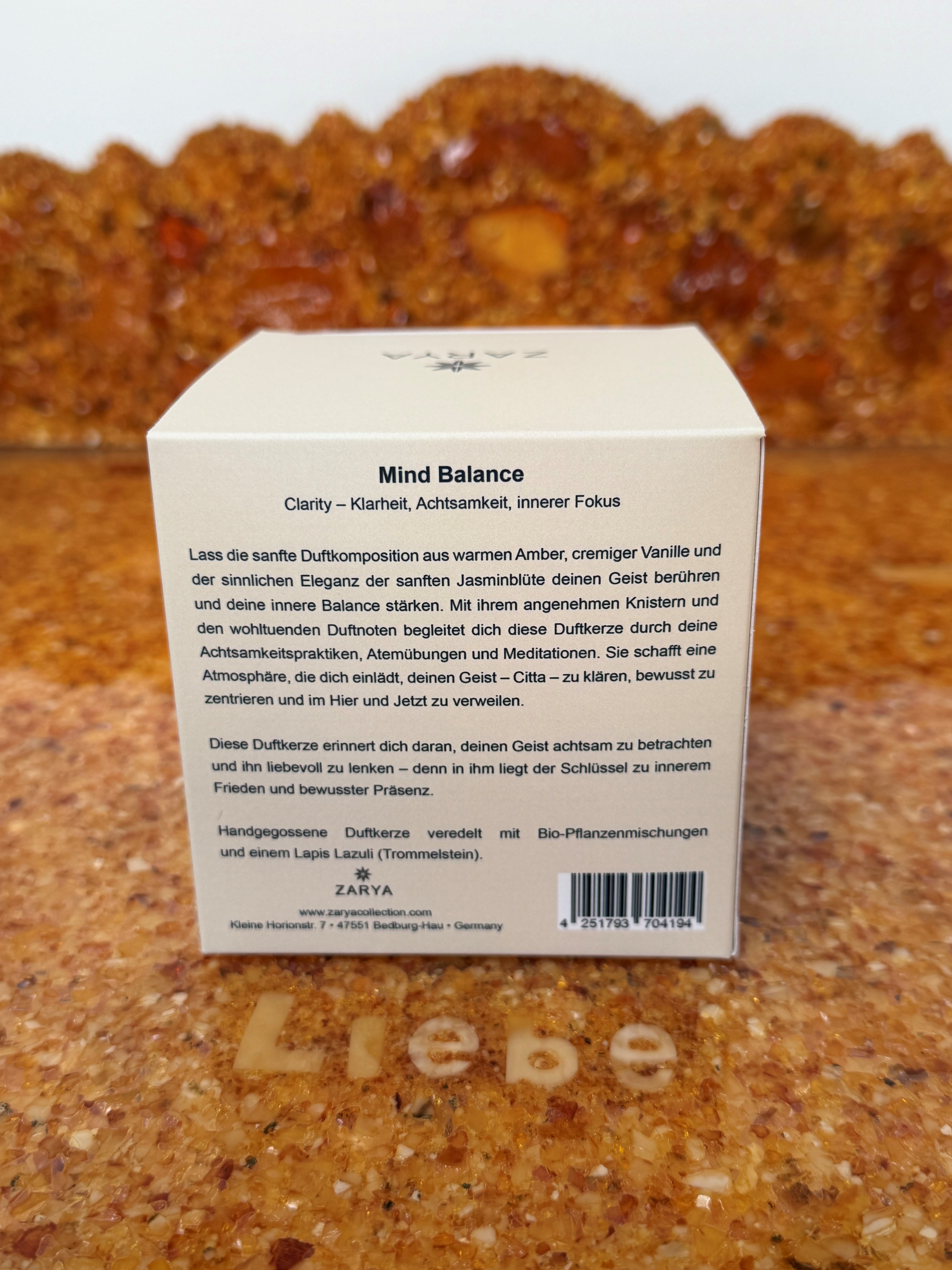Zarya Yoga-Kerze "Mind Balance" – Citta mit Sodalith, Amber, Vanille & Jasmin
