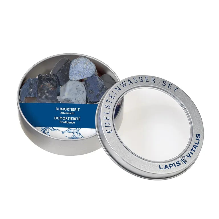 Zuversicht und Entspannung – Lapis-Vitalis - Dumortierit Wassersteine ca. 100 g in Metall-Geschenkdose