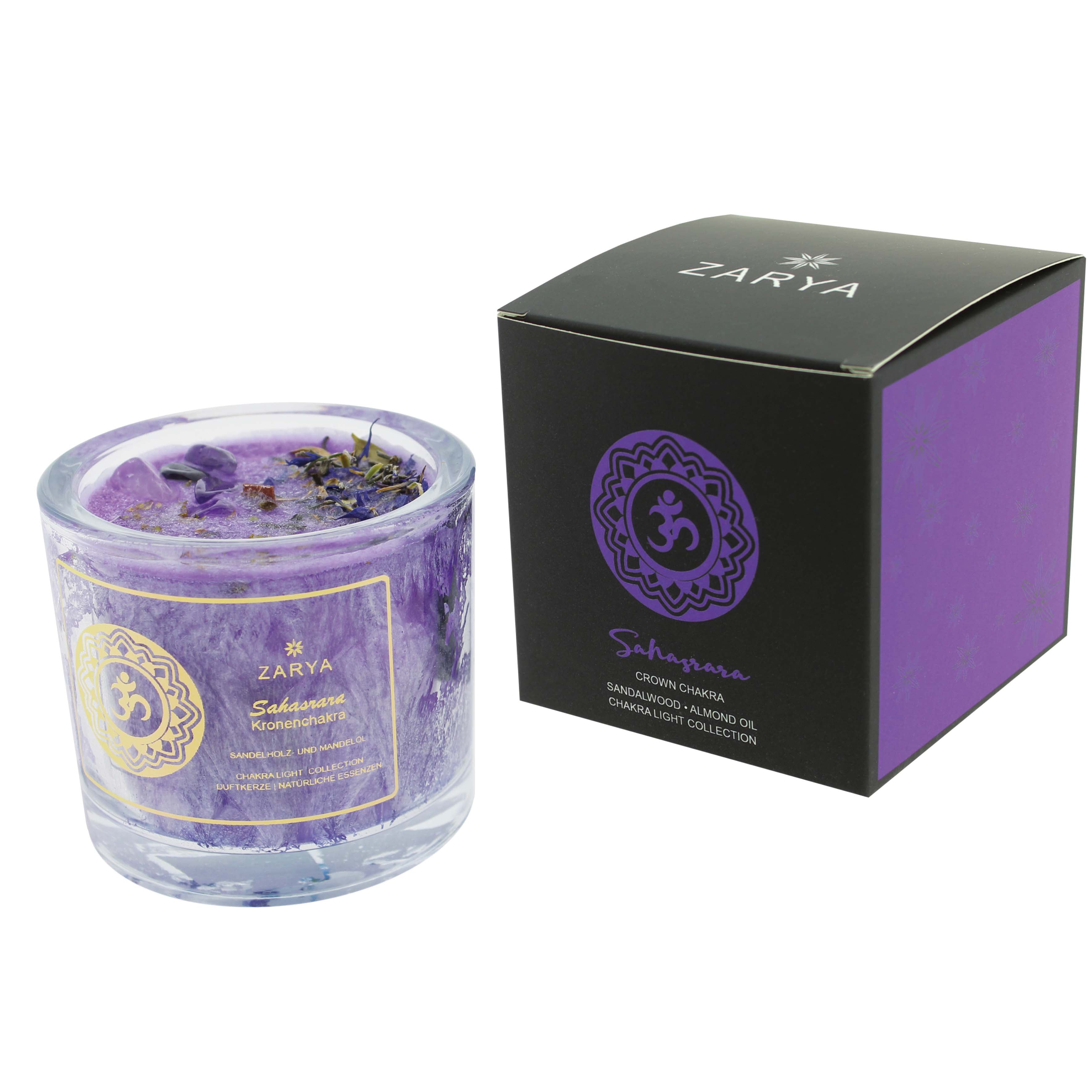 Zarya Chakra Light - 7. Chakra: Sahasrára (Kronenchakra) Kerze - Sandelholz & Edelstein