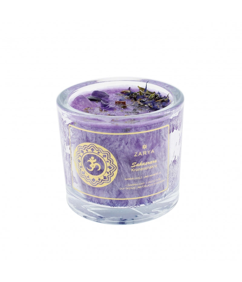 Zarya Chakra Light - 7. Chakra: Sahasrára (Kronenchakra) Kerze - Sandelholz & Edelstein