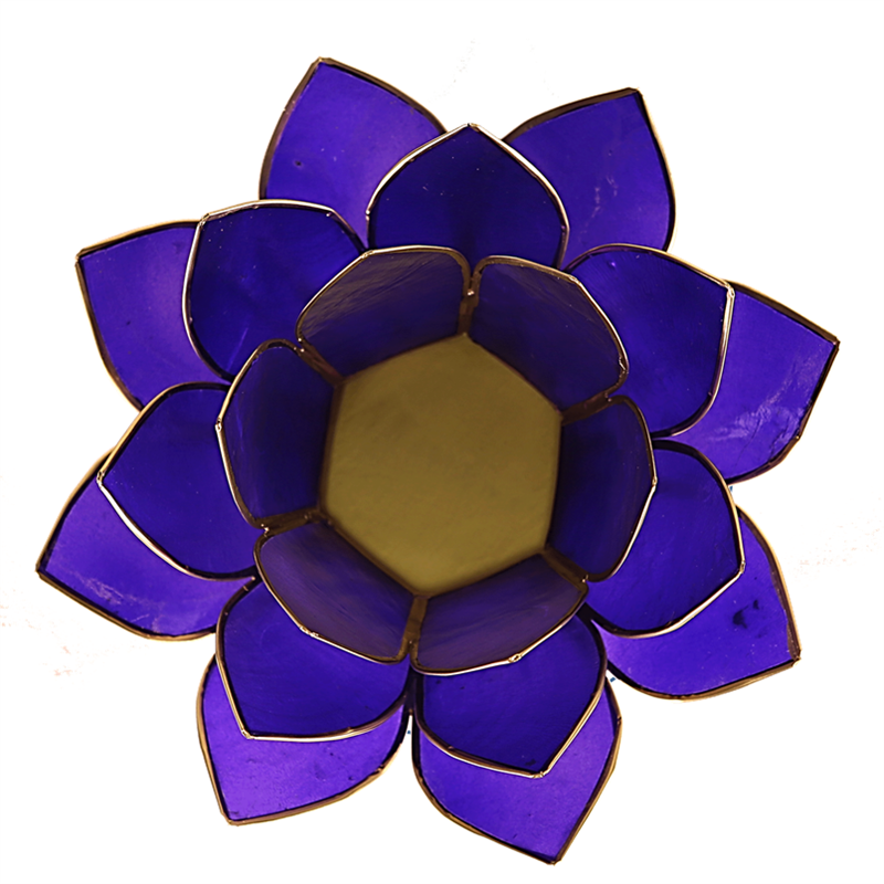 Lotus Teelichthalter indigo 6. Chakra goldfarbig