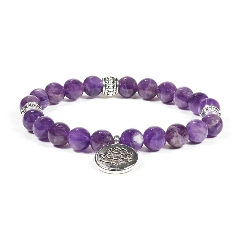 Mala/Armband Amethyst elastisch mit Lotus und 8 mm Kugeln