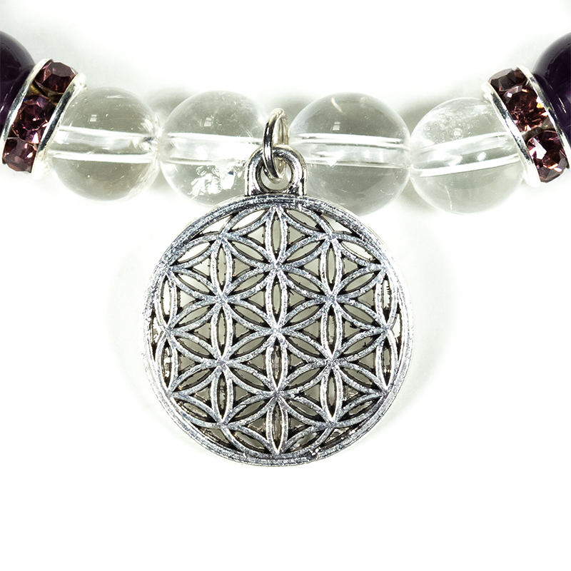 Armband Bergkristall/Amethyst+Blume des Lebens