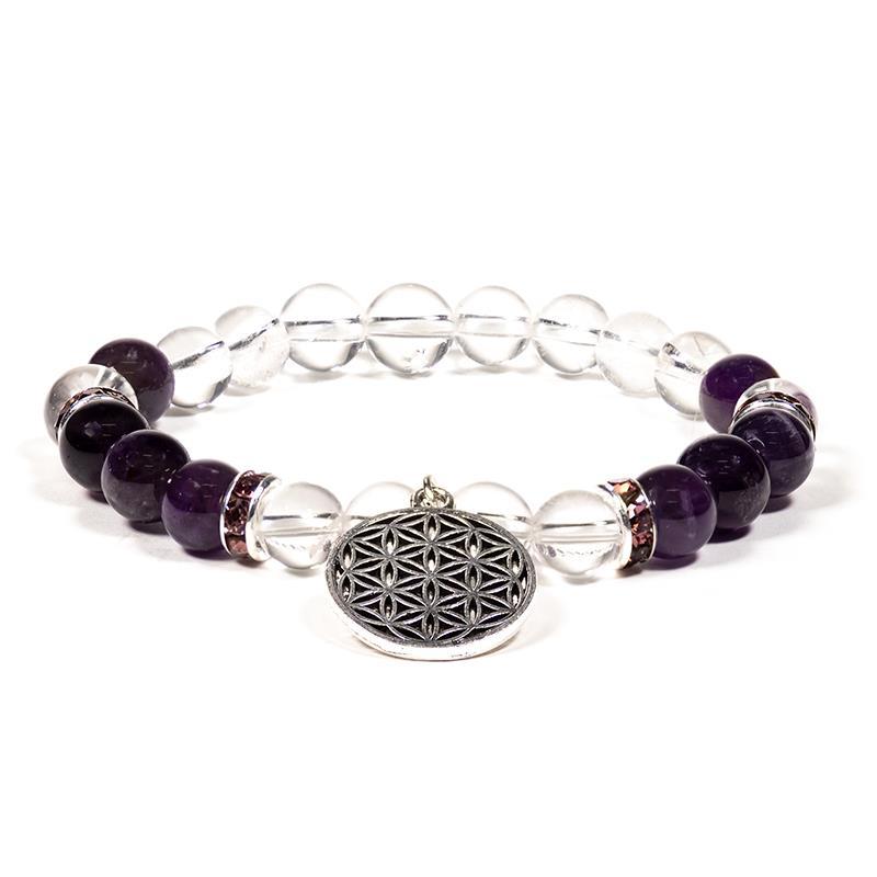 Armband Bergkristall/Amethyst+Blume des Lebens