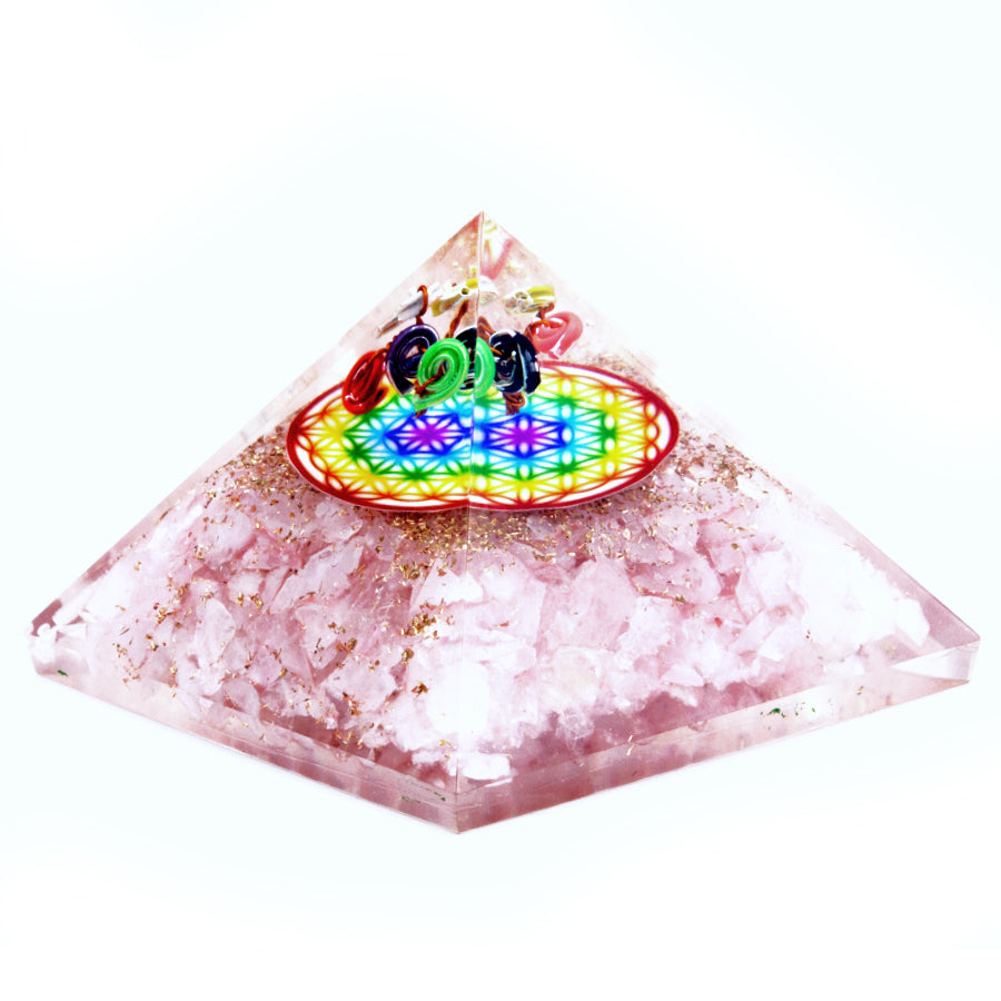 Orgonite Pyramide - Rosenquarz Regenbogen Blume des Lebens - 70 mm
