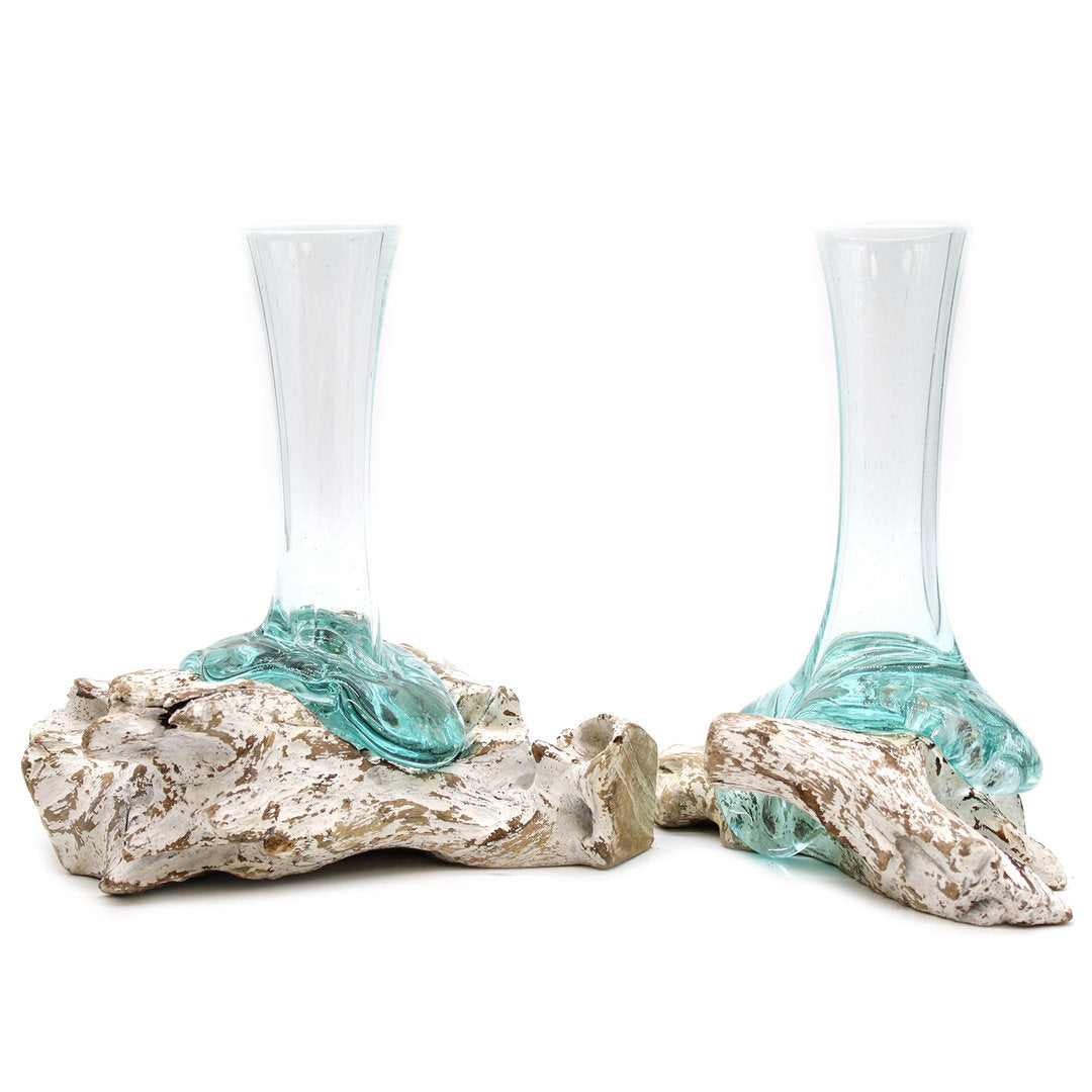 Geschmolzenes Glas auf Weiß Gewaschenem Holz - Vase - Medium