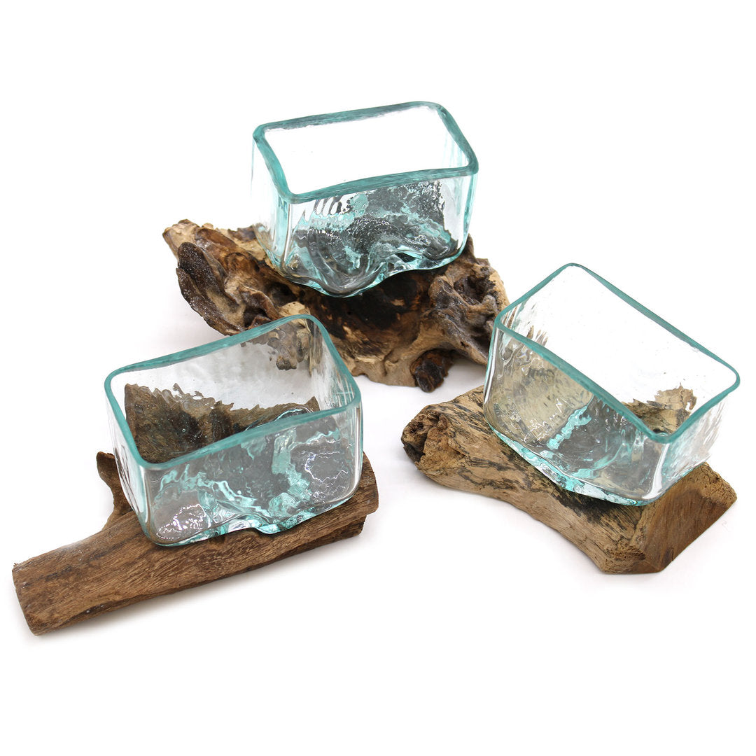 Geschmolzenes Glas auf Holz mit Ständer- Kleine Schüssel