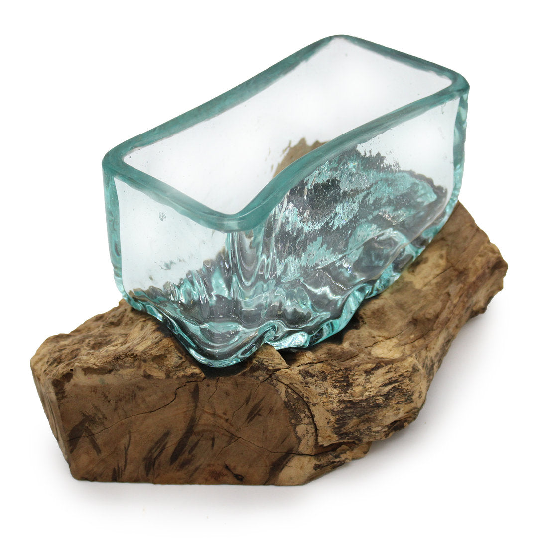Geschmolzenes Glas auf Holz mit Ständer - Mittlere Schüssel
