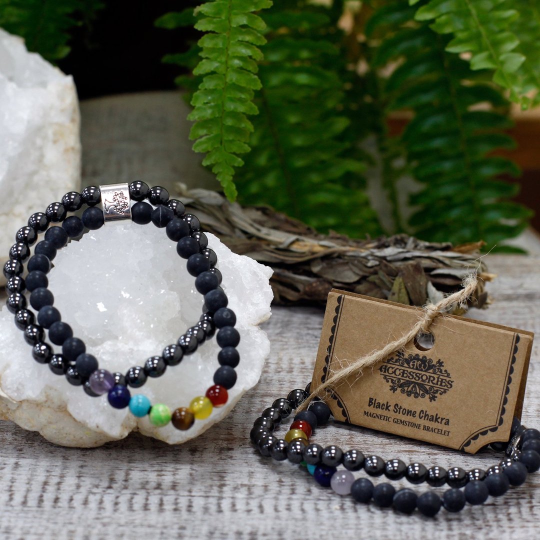 Magnetisches Edelsteinarmband - Schwarzstein (Schwarzer Achat) - Chakra