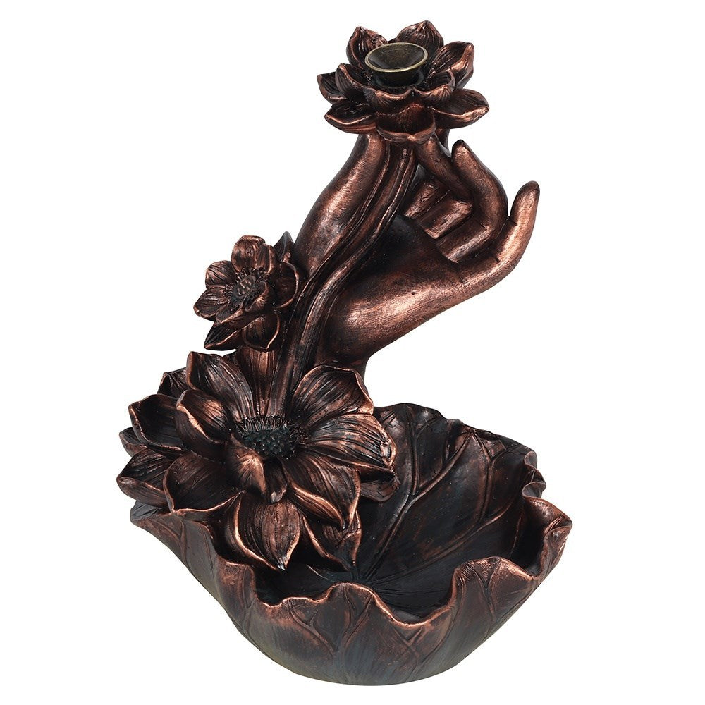 Bronze Effekt Hand mit Blumen - Räucherrückfluss-Brenner (Backflow Incense Burner)