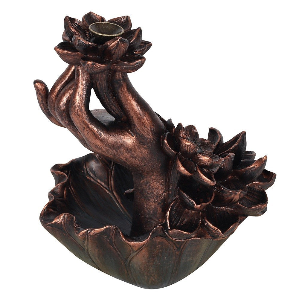 Bronze Effekt Hand mit Blumen - Räucherrückfluss-Brenner (Backflow Incense Burner)