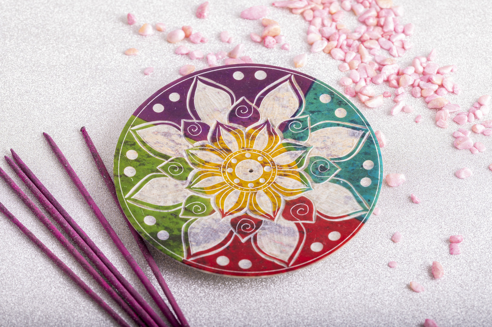 Specksteinhalter rund Buntes Mandala - Räucherstäbchenhalter