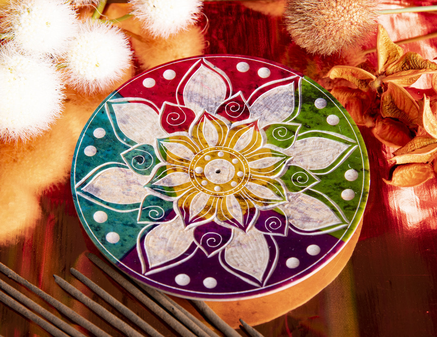 Specksteinhalter rund Buntes Mandala - Räucherstäbchenhalter
