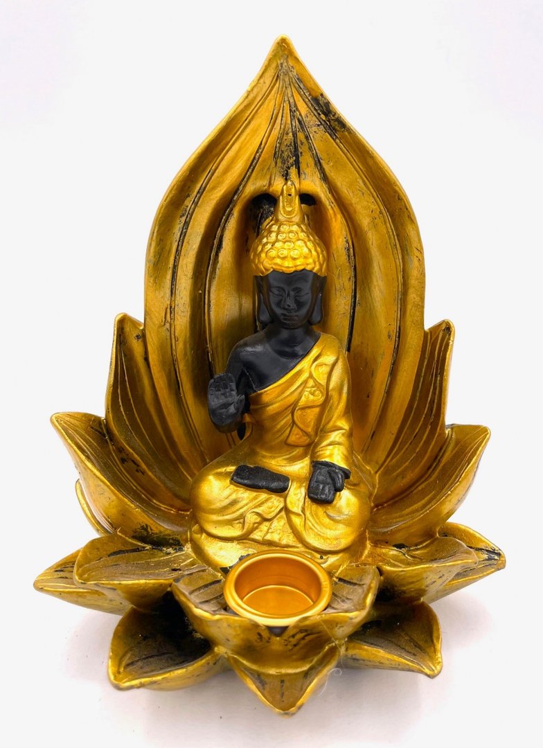 Goldener tibetischer Lotus-Buddha Räucherstäbchen und Kegelhalter
